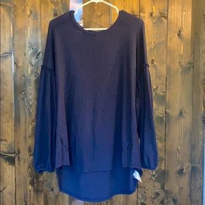 Navy Balloon-Sleeved Blouse
